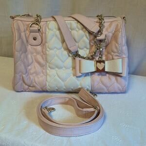 BETSEY JOHNSON Designer Purse Satchel Pink with Cream Gold Accents Puffy Hearts